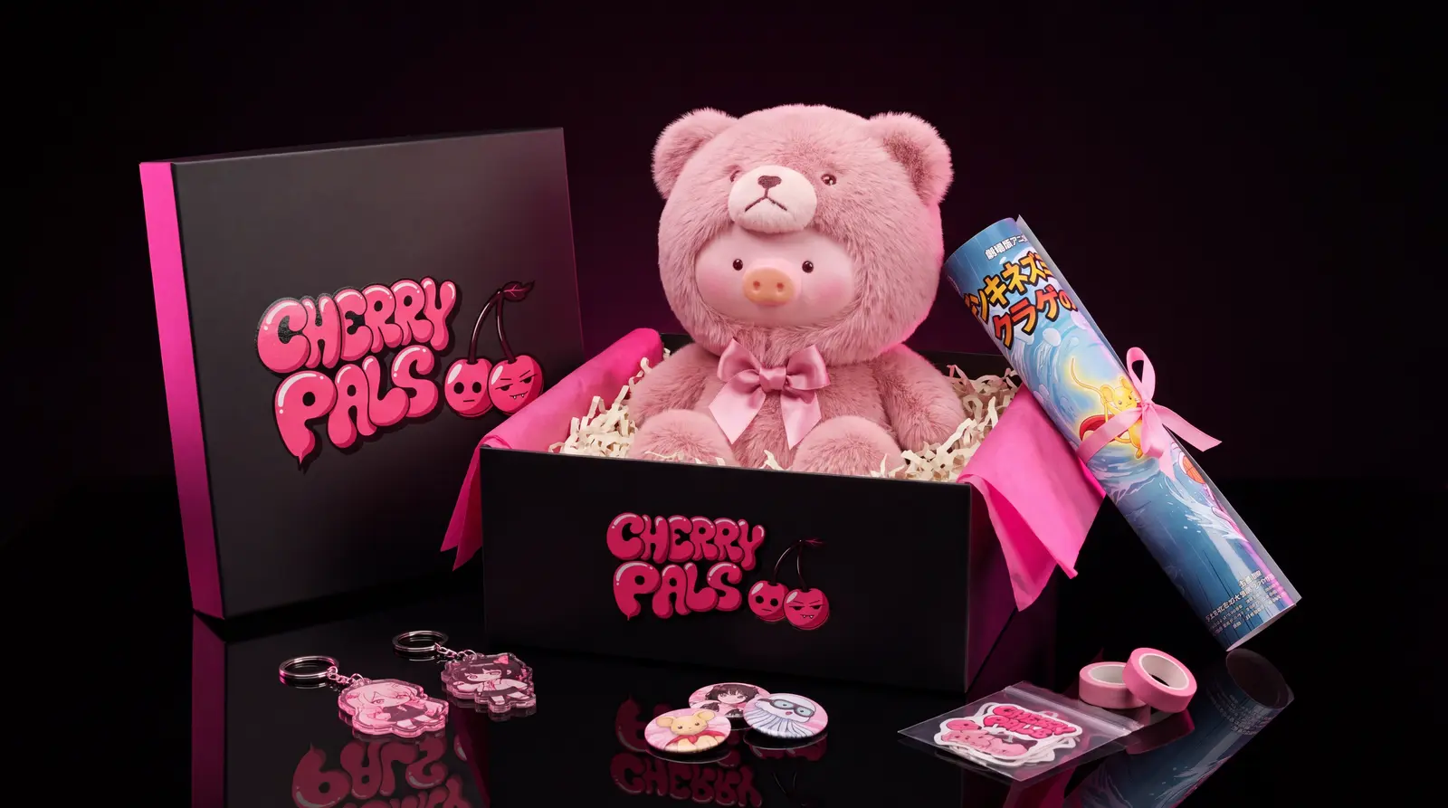 A Lucky Box, open, with a pink bear plush inside, a poster tube, charms, washi tape and stickers around it on a black reflective surface.