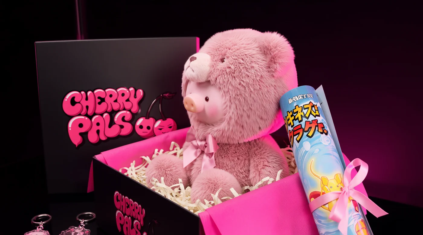 The Lucky Box seen from a three-quarter angle, lid off, a plush and a poster tube inside.