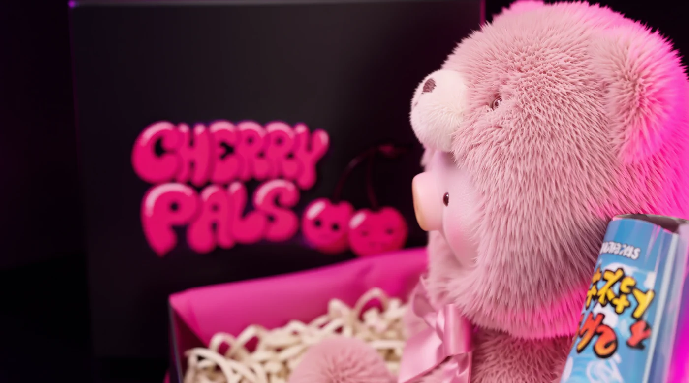 The box from the side, the plush facing away, the brand wordmark large on the wall behind it.