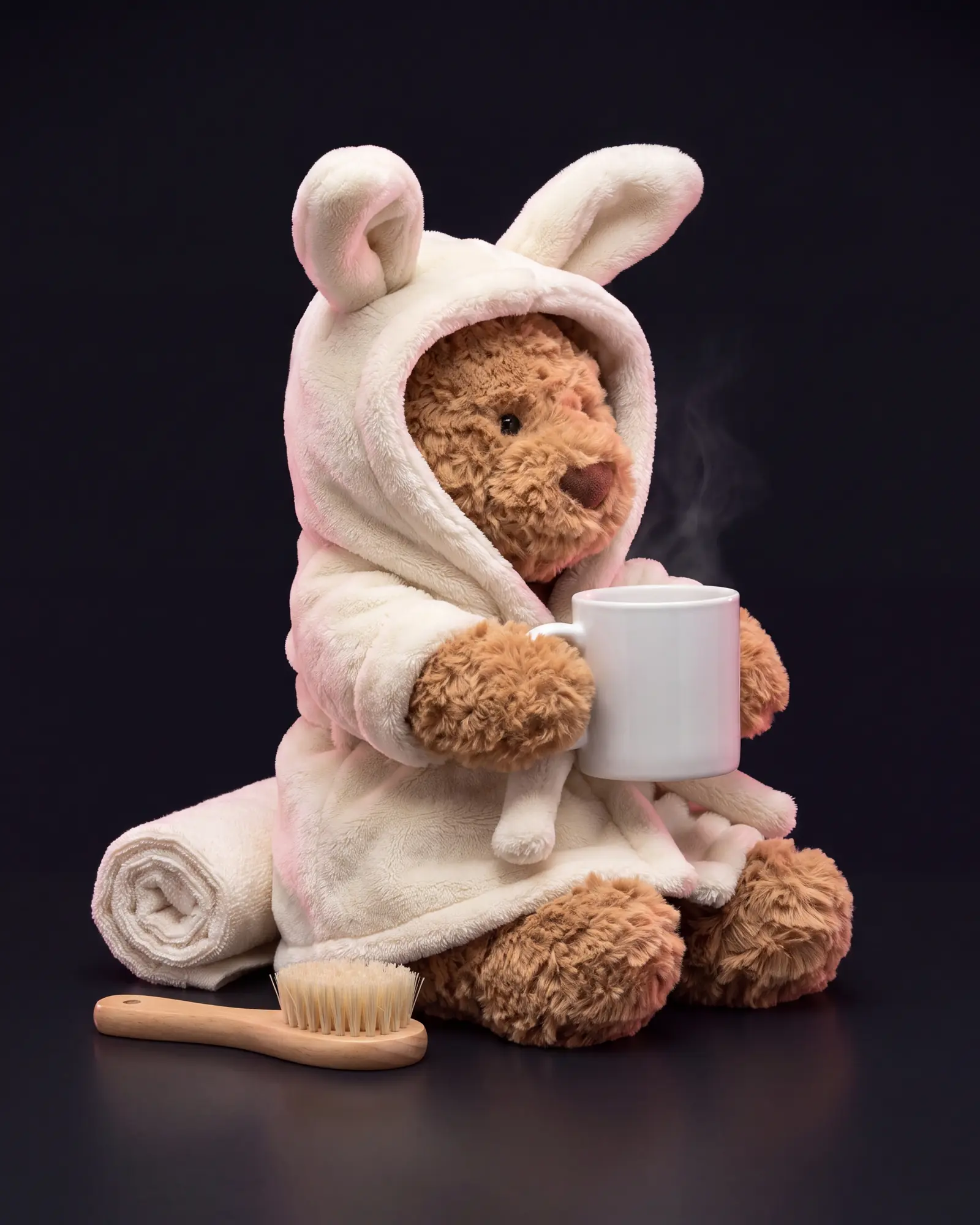 The bear holding a white mug in both paws, beside a rolled cream towel and a wooden bath brush, steam rising.