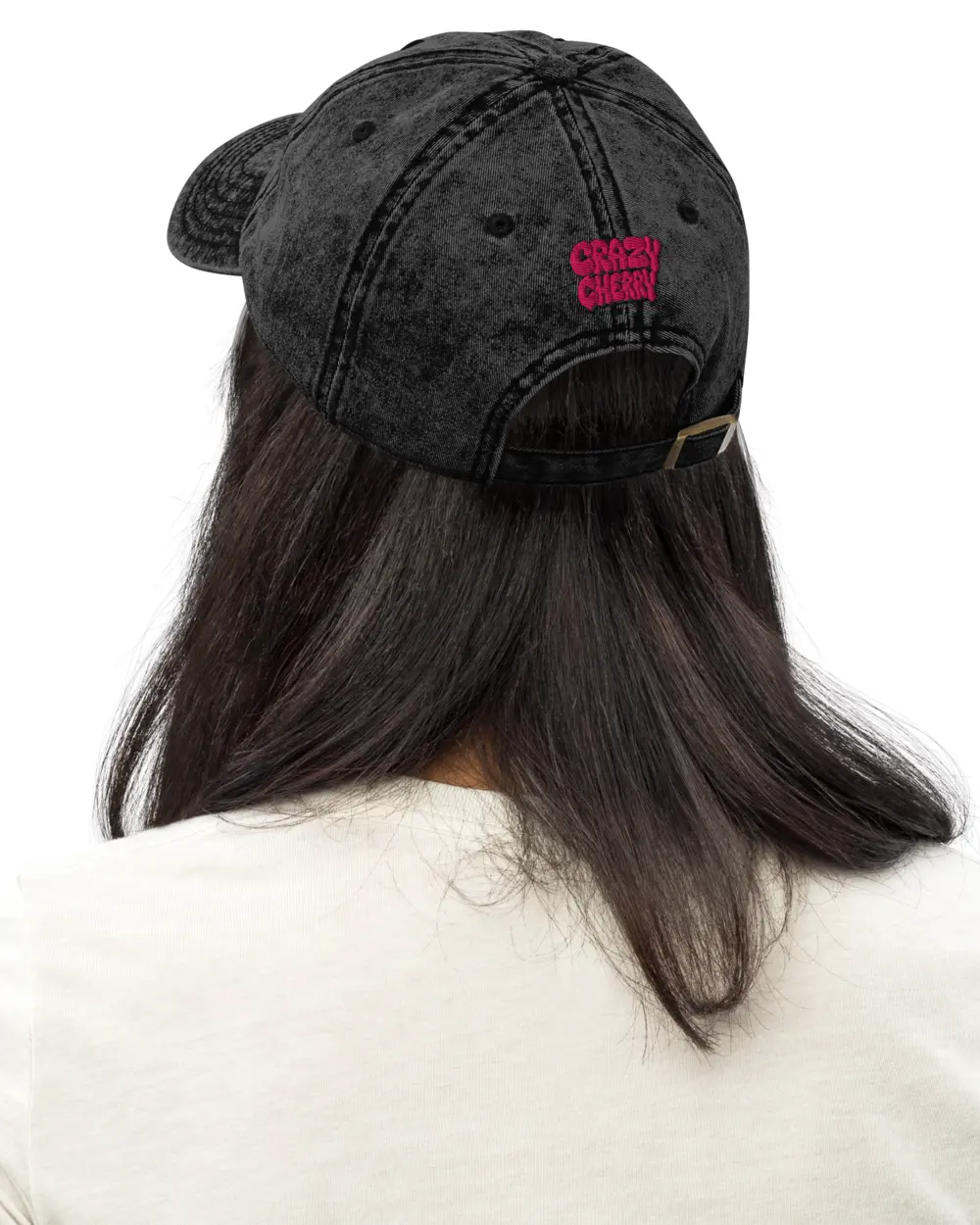 Cherry Cap worn from behind - the stitched wordmark