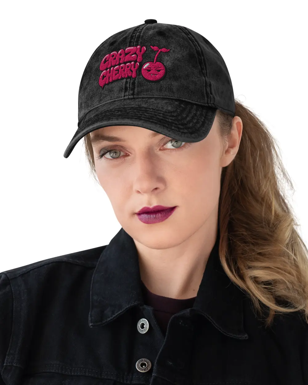Cherry Cap worn, front - the printed logo.