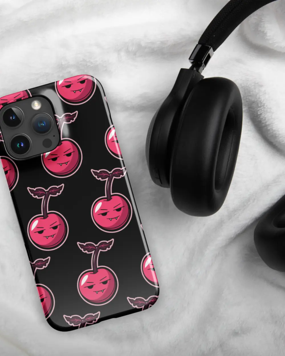 Cherry Case on the Pro Max with headphones