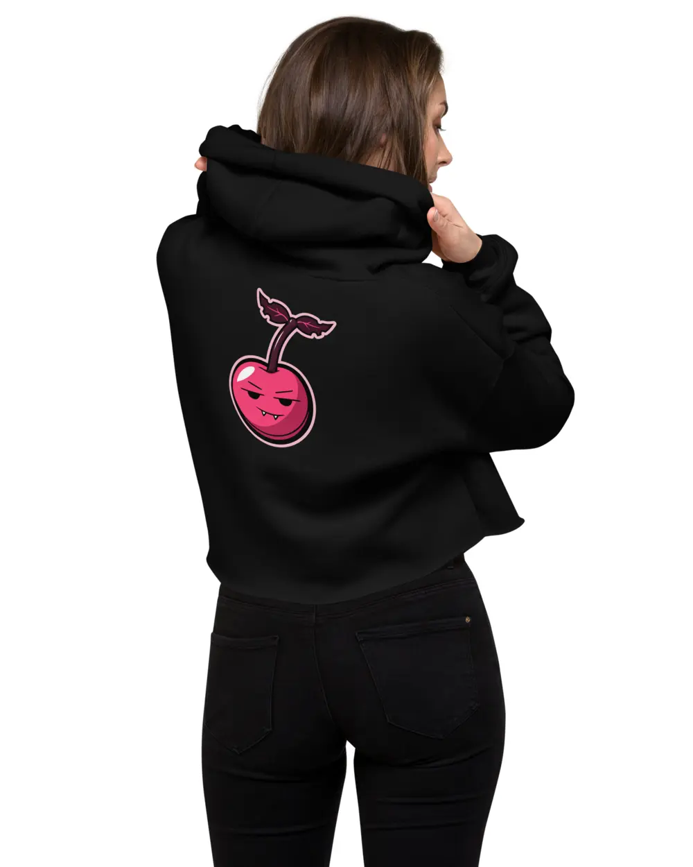 Cherry Crop Hoodie worn, over the shoulder - the cherry big on the back.