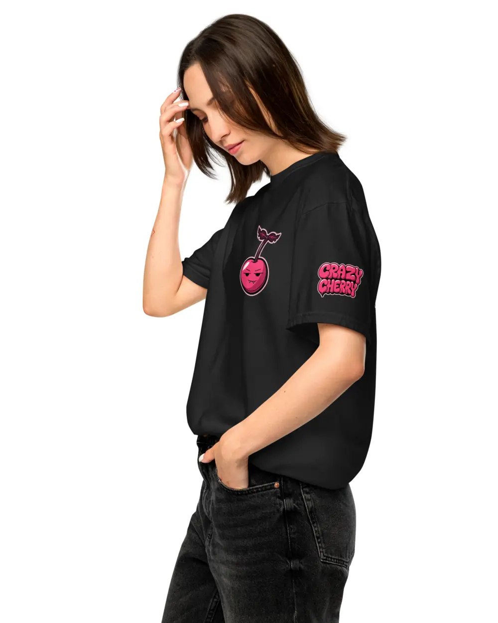 Cherry Tee worn from the side - the sleeve print