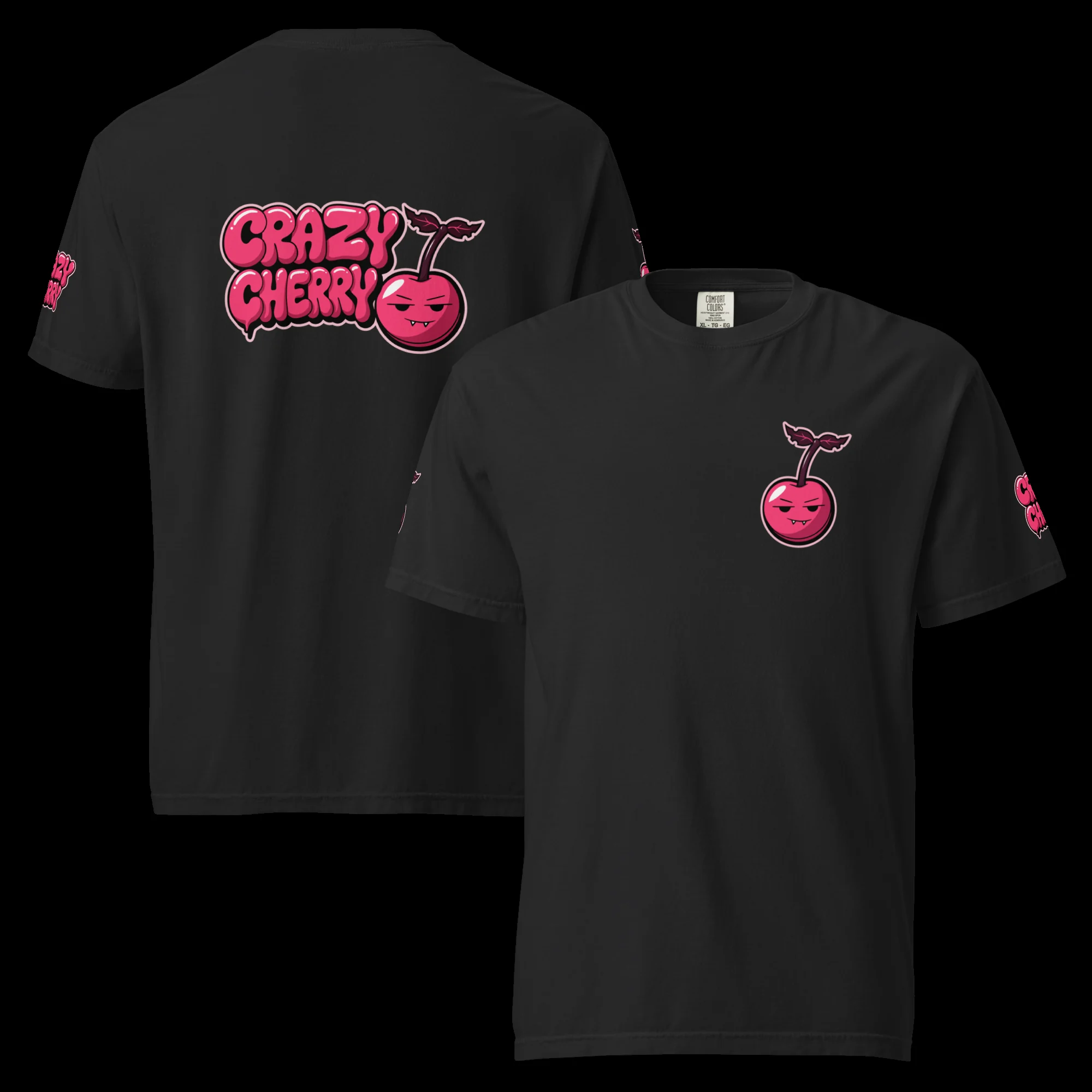 Cherry Tee flat, front and back - the cherry on the chest, the full logo across the back.