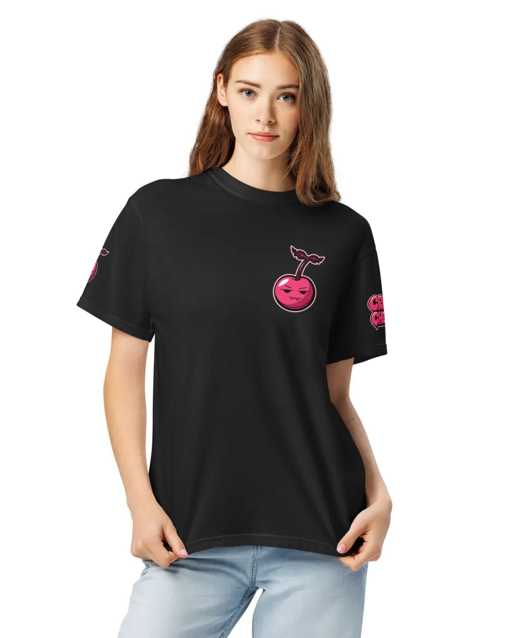 Cherry Tee worn, front - the cherry on the chest.